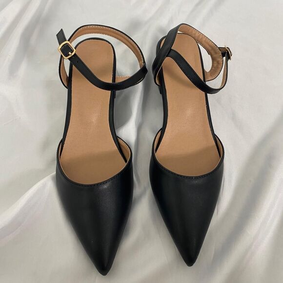 Coquette Black Faux Leather Pointy Toe Block Heel Sling Back Ballerina Heels 8.5 - Picture 3 of 6